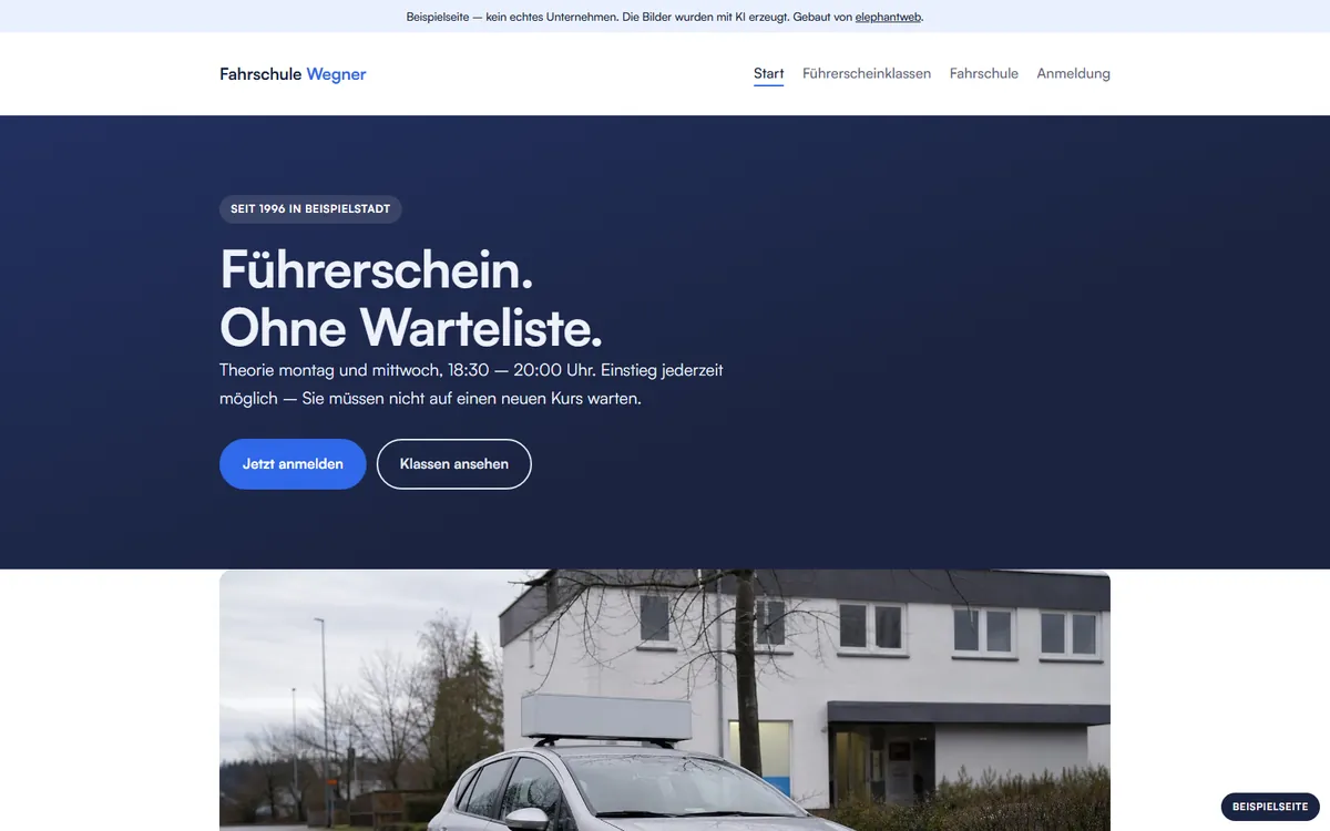 Beispielseite für Fahrschule