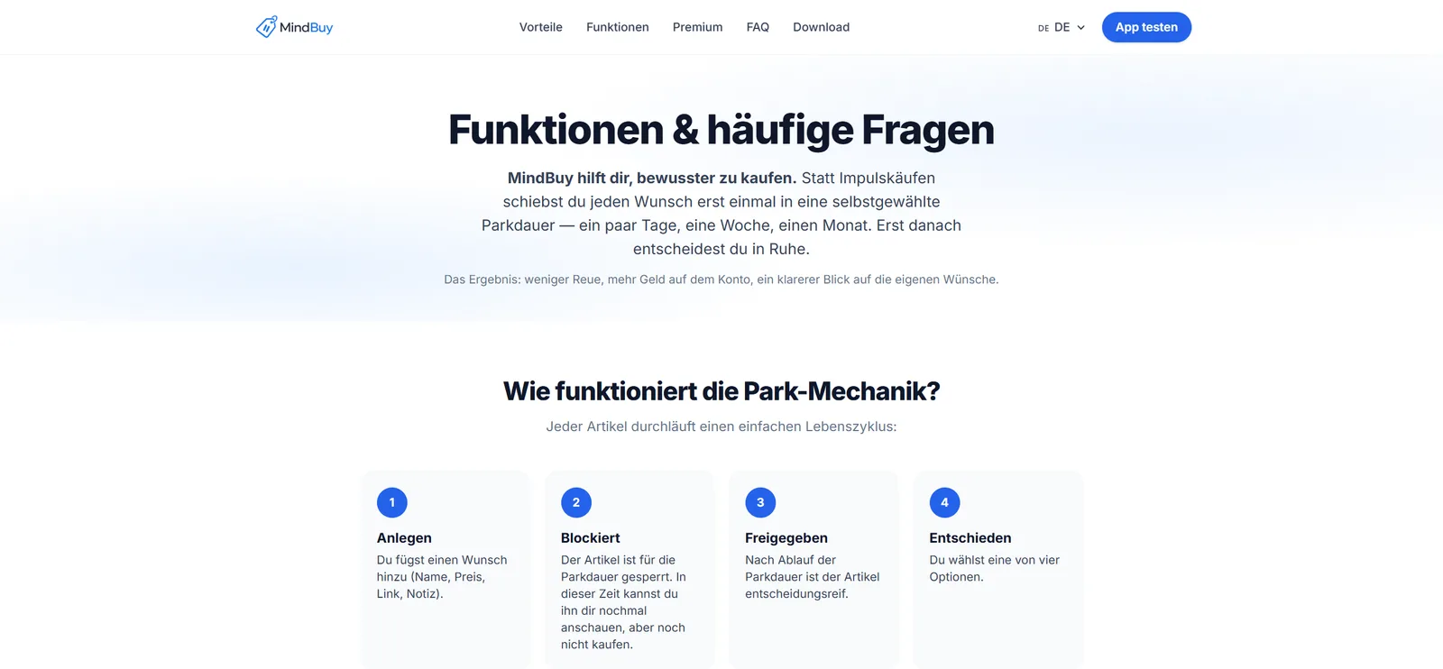 Seite mit Funktionen und häufigen Fragen, darunter vier Schritte der Park-Mechanik