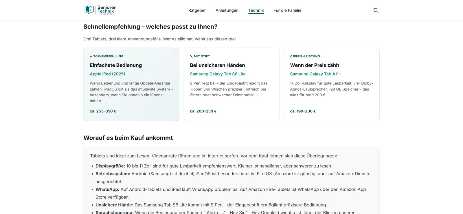 Seite mit drei Tablet-Empfehlungen und einer Kaufberatung