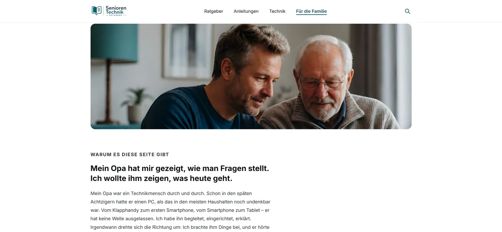 Seite „Für die Familie" mit Foto von zwei Männern vor einem Bildschirm